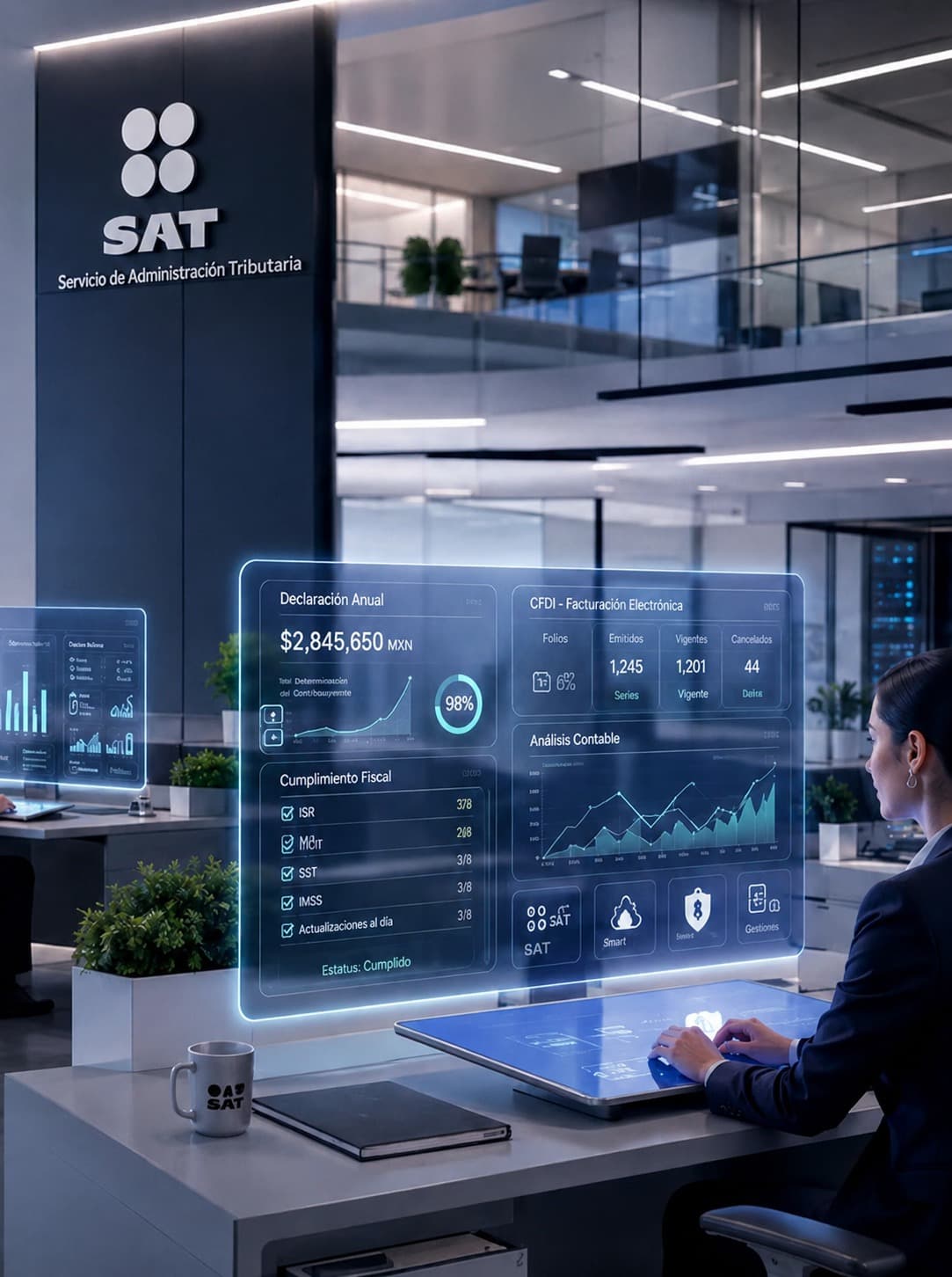 Analista revisando un tablero de cumplimiento fiscal del SAT